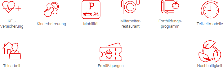 Benefits - KFL-Versicherung, Kinderbetreuung, Mobilität, Mitarbeiterrestaurant, Fortbildungsprogramm, Teilzeitmodelle, Telearbeit, Ermäßigungen, Nachhaltigkeit