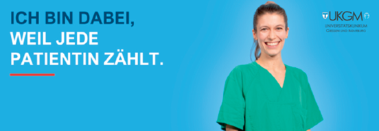 Bild, Logo - UKGM-Universitätsklinikum Gießen und Warburg; Ich bin dabei, weil jede Patientin zählt.