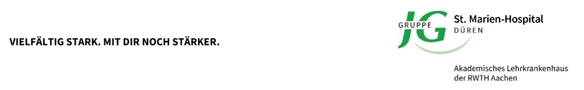 Logo - St. Marien-Hospital in Düren; Akademisches Lehrkrankenhaus der RWTH Aachen; VIELFÄLTIG STARK. MIT DIR NOCH STÄRKER.